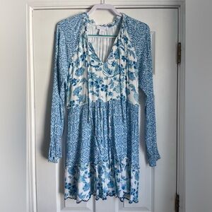 House of Harlow 1960 Women's Blue White Floral Long Sleeve Summer Dress Boho M